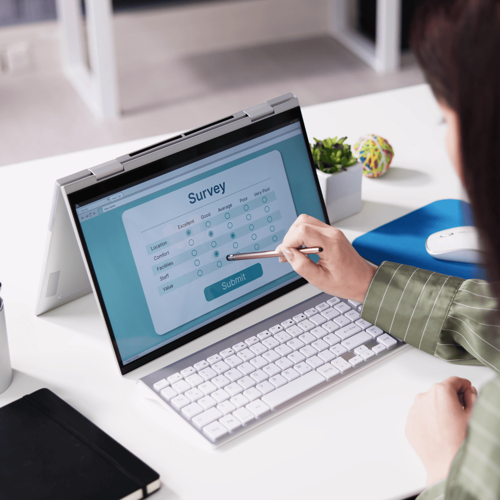 Photo of a tablet with a survey onscreen.